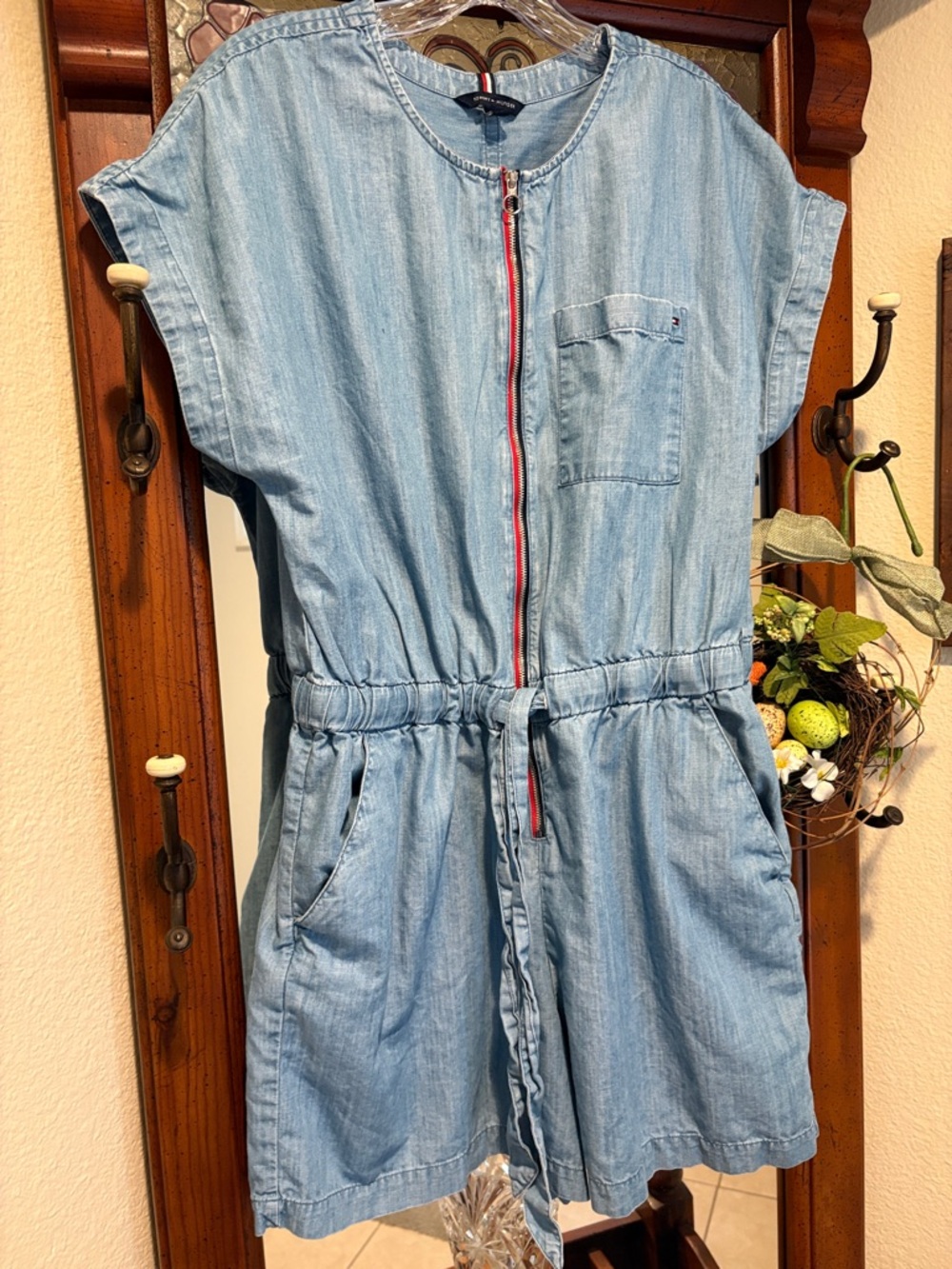 Tommy Hilfiger Light Blue Denim Romper with Red White Navy Trim
